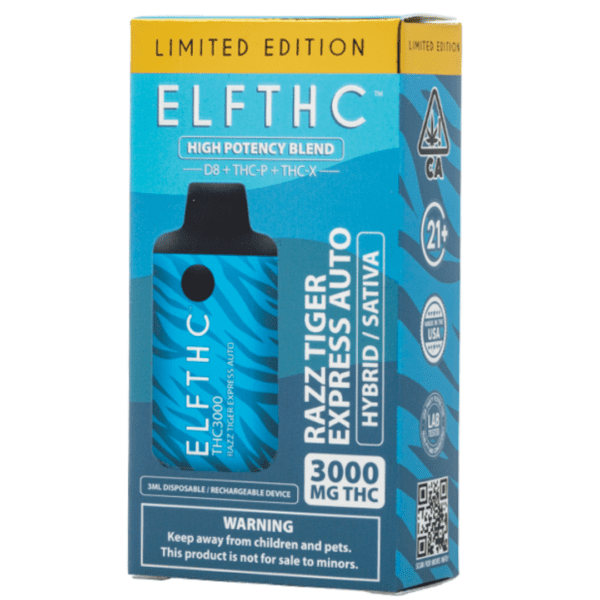 ELF THC Razz Tiger Express Auto THC3000 Delta 8 Hybrid/Sativa Vape 3G